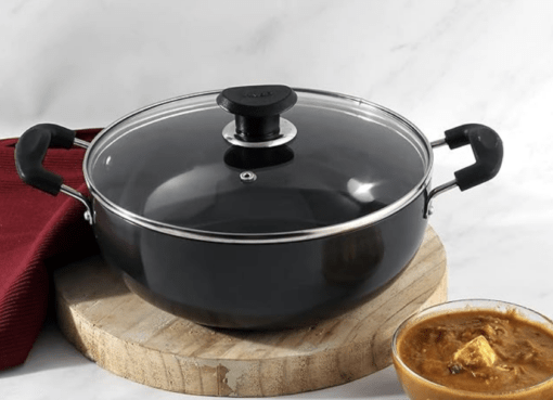 Vinod Black Pearl Plus Hard Anodised Deep Kadhai with Lid - 5.5 Litre, 28 cm | 3.25mm Thick | Natural Stick Free Kadai | Metal Spoon Friendly | 2 Year Warranty | Induction Base - Image 2